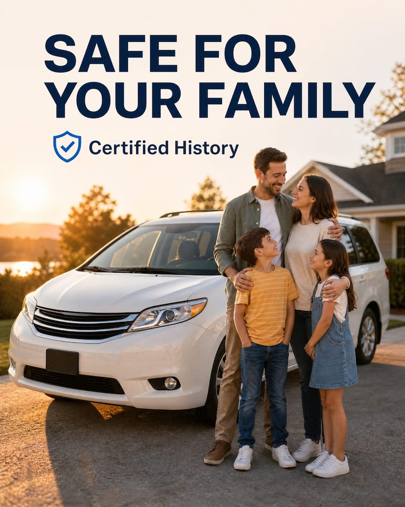 May include: A white minivan parked in a driveway with a family of four standing in front of it. The text at the top reads SAFE FOR YOUR FAMILY and below it is a blue shield icon with a checkmark and the text Certified History.