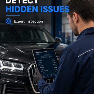 May include: A technician in a blue uniform holds a tablet displaying a vehicle inspection report with a car outline and checklist. The text DETECT HIDDEN ISSUES and Expert Inspection appear above a black car with bright LED headlights.