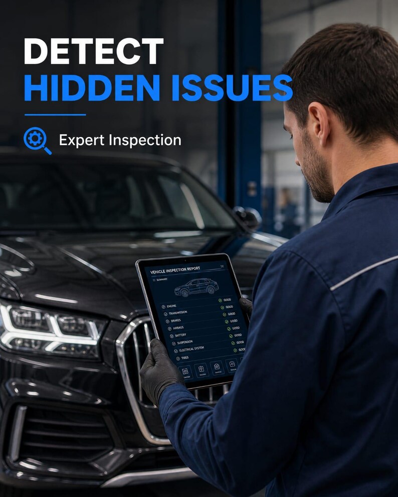 May include: A technician in a blue uniform holds a tablet displaying a vehicle inspection report with a car outline and checklist. The text DETECT HIDDEN ISSUES and Expert Inspection appear above a black car with bright LED headlights.