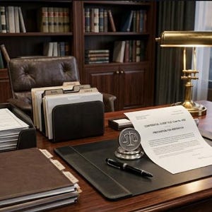 May include: A mahogany executive desk featuring a leather desk pad, a brass banker lamp, a stack of documents, a metal scale of justice paperweight, a black fountain pen, a leather-bound notebook, a file organizer, and a glass decanter set.
