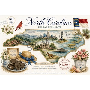 Puede incluir: Una lámina decorativa de Carolina del Norte con un mapa e ilustraciones de las Blue Ridge Mountains, el horizonte de Charlotte, el faro de Cape Hatteras y Raleigh. Incluye un cardenal, un sombrero de paja, galletas y la bandera estatal.
