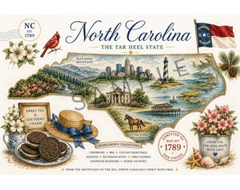 Mapas antiguos de Carolina del Norte / Acuarelas de monumentos estatales (Descarga digital)