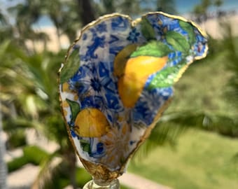 Hand-Painted Oyster Shell Wine Stopper | Italian Blue Tile Lemon Motif, Gold Trimmed Coastal Decor
