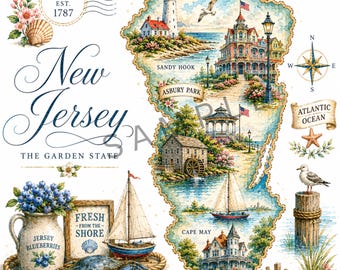 Mapa vintage imprimible de Nueva Jersey / Arte de acuarela costera / Papel para decoupage de la costa de Jersey