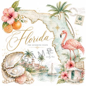 Può includere: Un'illustrazione decorativa dello stato della Florida con il testo Florida The Sunshine State, salt air sunshine & sandy toes e Beach Club. Include un fenicottero rosa, fiori di ibisco, arance, una perla in un'ostrica e una barca a vela.