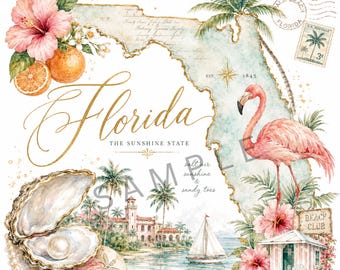Mapa costero de Florida estilo vintage para imprimir / Arte en acuarela