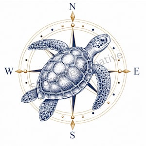 May include: A detailed illustration of a sea turtle in shades of dark blue, positioned over a gold-colored compass rose. The compass features the letters N, S, E, and W at the cardinal points, with fine lines and dots forming a circular design.