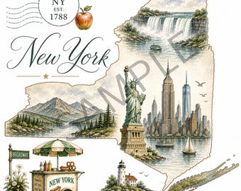 Mapa de Nueva York estilo vintage para imprimir / Arte en acuarela