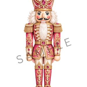 May include: A decorative nutcracker figure featuring a pink and gold uniform with intricate gold filigree, pearl accents, and embedded pink gemstones. The figure has white hair and a beard, wearing a tall matching hat with a central pink gem.