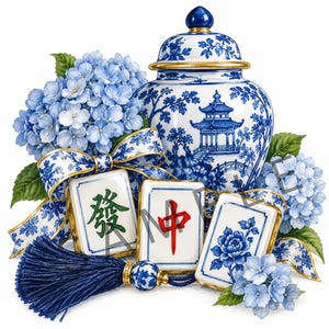 Può includere: Un barattolo per zenzero in porcellana blu e bianca con motivo a pagoda, circondato da fiori di ortensia blu, un nastro decorato e tre tessere del mahjong con caratteri verdi e rossi e un disegno floreale blu, con una nappa blu scuro.