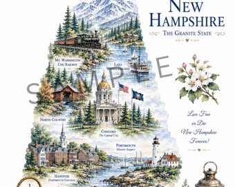 Mapa imprimible antiguo del estado de Nuevo Hampshire / Mapa en acuarela del estado de Granito