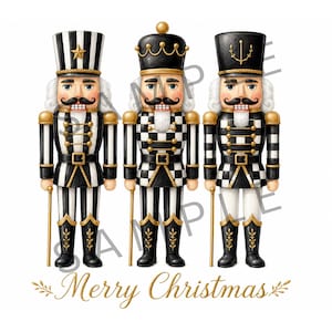 May include: Three nutcracker figures in black, white, and gold uniforms stand in a row. Each wears a tall hat and holds a gold staff. The left figure has vertical stripes, the centre a checkerboard pattern, and the right a grid. Text reads Merry Christmas.