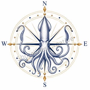 Puede incluir: Una ilustración detallada en tinta azul de un calamar centrado sobre una rosa de los vientos en dorado y azul oscuro. La brújula muestra los puntos cardinales N, S, E y O con marcadores dorados en forma de diamante y un cuerpo texturizado.