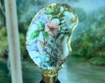 Handcrafted Oyster Shell Wine Stopper | Wildflower Decoupage, Gold Trim Coastal Barware