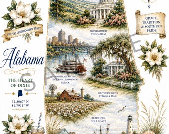 Mapa vintage imprimible de Alabama / Mapa costero del sur en acuarela