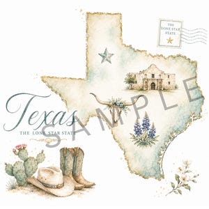 Texas Vintage Printable | Lone Star State Watercolor Map