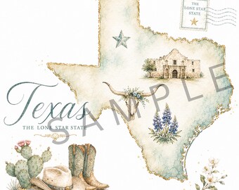Mapa de acuarela del estado de la Estrella Solitaria, estilo vintage para imprimir en Texas (versión vintage)