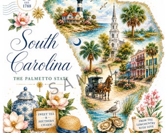 Mapa vintage imprimible de Carolina del Sur / Mapa costero de acuarela de Charleston