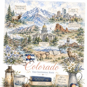 Colorado Vintage State Printable | Rocky Mountain Watercolor Map