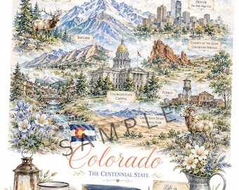 Mapa imprimible vintage del estado de Colorado / Mapa de acuarela de las Montañas Rocosas