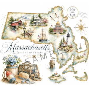 May include: A decorative map of Massachusetts featuring watercolour illustrations of a covered bridge, a historic house, a sailing ship, a lighthouse, and the state capitol. The text reads Massachusetts The Bay State, MA EST. 1788, and Boston.