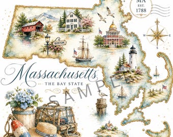 Mapa vintage imprimible de Massachusetts / Mapa costero de Nueva Inglaterra en acuarela