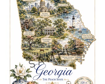 Mapa imprimible vintage del estado de Georgia / Mapa en acuarela del estado del melocotón