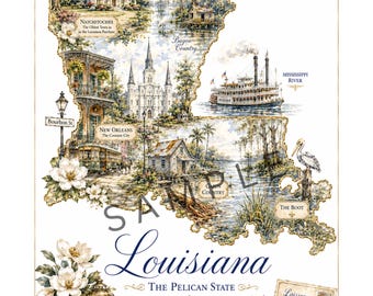 Mapa de acuarela vintage del estado de Luisiana para imprimir / Mapa costero del sur