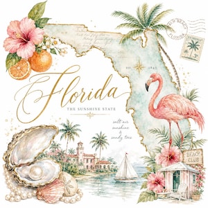 May include: A watercolour illustration of Florida, featuring a pink flamingo, hibiscus flowers, and an oyster with a pearl. The image includes the text "Florida, The Sunshine State" and "salt air sunshine & sandy toes."