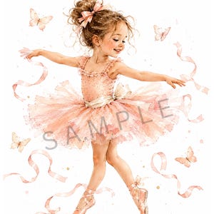 Peut inclure: Une illustration à l'aquarelle d'une jeune danseuse portant un tutu couleur pêche et des chaussons de ballet assortis. La danseuse a un chignon haut avec un ruban pêche et est entourée de rubans flottants et de quatre petits papillons.