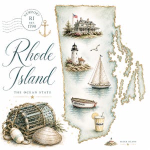 Può includere: Illustrazione ad acquerello del Rhode Island con elementi nautici. Presenta un contorno della mappa, una nassa per aragoste, una conchiglia, un faro, una barca a vela e il testo "Rhode Island, The Ocean State". Include un timbro postale vintage e limonata.