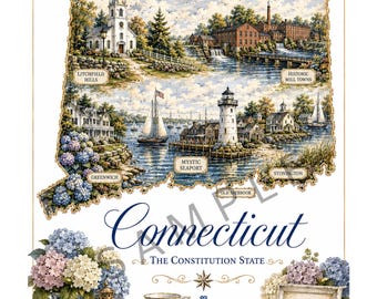Mapa imprimible antiguo del estado de Connecticut / Mapa de acuarela de la costa de Nueva Inglaterra