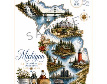 Mapa antiguo de Michigan impreso en acuarela / Arte del estado de los lagos (descarga digital)