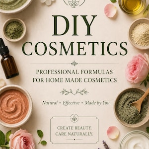 Puede incluir: Anuncio de cosméticos DIY con varios ingredientes en pequeños cuencos, incluyendo polvos verdes y marrones, aceites y cremas. El texto "DIY COSMETICS" se muestra de forma destacada, junto con las frases "Professional Formulas" y "Create Beauty. Care Naturally."
