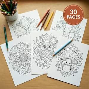May include: Five white coloring pages featuring black line art of a butterfly, a deer, a mandala, an owl, and a mushroom. A brown cup holds colored pencils, and additional pencils are scattered on the surface. A circular badge reads 30 PAGES.