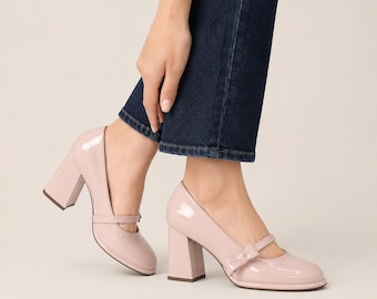 Schwarze Lackleder Mary Jane Heels, Schleife Riemen Blockabsatz Schuhe