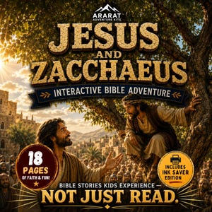 May include: An interactive Bible adventure kit titled Jesus and Zacchaeus, featuring an illustration of a man looking up at another man in a tree. The text includes 18 pages of faith and fun, includes ink saver edition, and not just read.