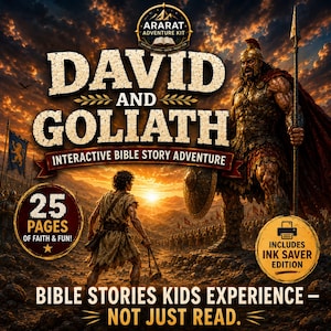 May include: Ararat Adventure Kit David and Goliath interactive Bible story adventure book cover. Features a large warrior and a smaller figure in a landscape. Text includes 25 pages of faith and fun, includes ink saver edition, and Bible stories kids experience - not just read.