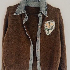 Upcycled Sweater Jacket with Hand-Stitched Floral Patch | Denim & Knit Cardigan | One of a Kind