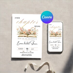 May include: A bridal shower invitation with the text "A New Chapter Begins" in gold script. The invitation features an open book with floral arrangements and event details. A smartphone displays the same design.