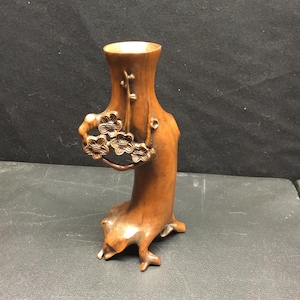 Chinese Carved Boxwood Tree Stump Brush Pot Plum Blossom Scholar Vase 6”
