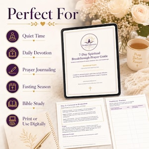 May include: A digital 7-Day Spiritual Breakthrough Prayer Guide on a tablet, with a mug that says "Pray Believe Receive". The guide is for personal prayer, quiet time, and journaling. Also includes a printed page with Bible verses.