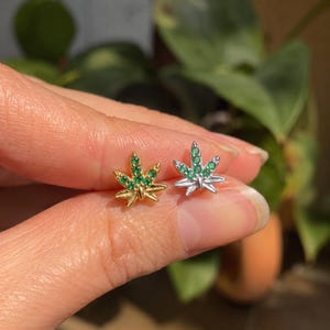 Gold Weed Leaf Stud Earring, Green CZ Cannabis Leaf Studs, Dainty Marijuana Pot Leaf Earrings, Screw Back, 420 Gift for Stoner Girl
