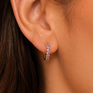 Gold Lavender CZ Huggie Hoop Earring, Purple Crystal Mini Hoop, Dainty Cartilage Hoop, Minimal Everyday Jewelry