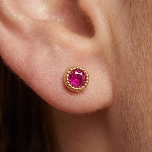Tiny Gold Ruby CZ Stud Earring, Ball Back Helix Tragus Earring, Dainty Minimalist Red Gem Stud, Gift for Her, Earring Jewelry Gift