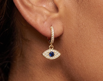 Orecchini a cerchio Huggie color oro con occhio di Allah e ciondolo in zircone blu, delicati orecchini pendenti in cristallo, gioielli protettivi per gli occhi, regalo per lei, gioielli da indossare tutti i giorni