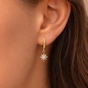 Gold Starburst Huggie Hoop Earrings, CZ Crystal Dangle Earrings, Celestial Sun Charm Earrings, Gift for Her, Minimalist Jewelry