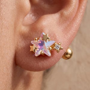 Iridescent Star Stud Earring, Gold Celestial Cartilage Piercing, Ball Back Helix Tragus Earring, Dainty Cosmic Ear Stack Jewelry