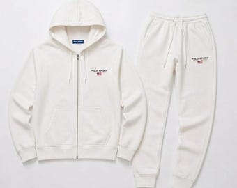 Men's Polo Ralph Lauren White Sweat suit Hoodie Joggers Printed Logo Fleece Tracksuit Streetwear