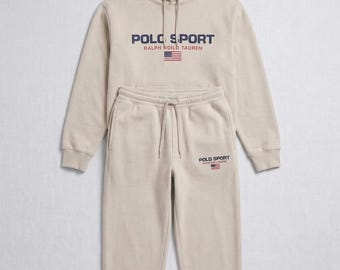 Men's Polo Ralph Lauren Cream Sweatsuit Hoodie Joggers Printed Logo Fleece Tracksuit Polo Streetwear